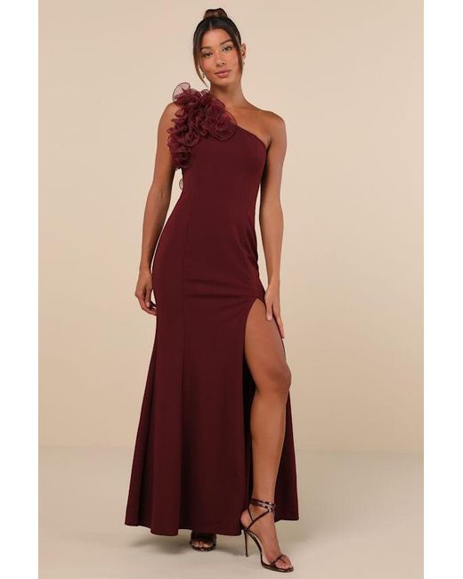 Lulus Red Stunning Significance Plum One-Shoulder 3D Ruffled Maxi Dress