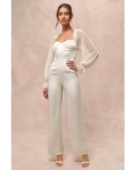 Lulus Natural Gracefully Modern Satin Mesh Long Sleeve Bustier Jumpsuit