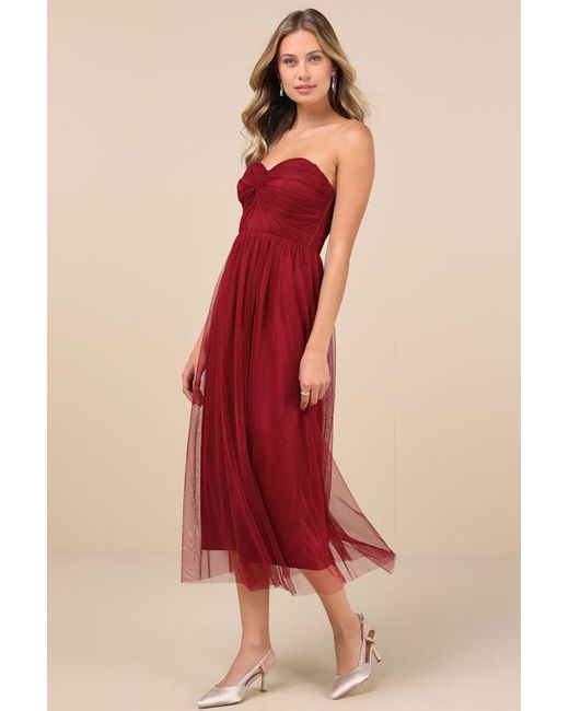 Lulus Red Perfect Whimsy Mesh Strapless Midi Dress