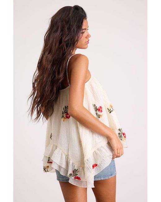 Lulus White River Cream Floral Embroidered Ruffled Tank Top