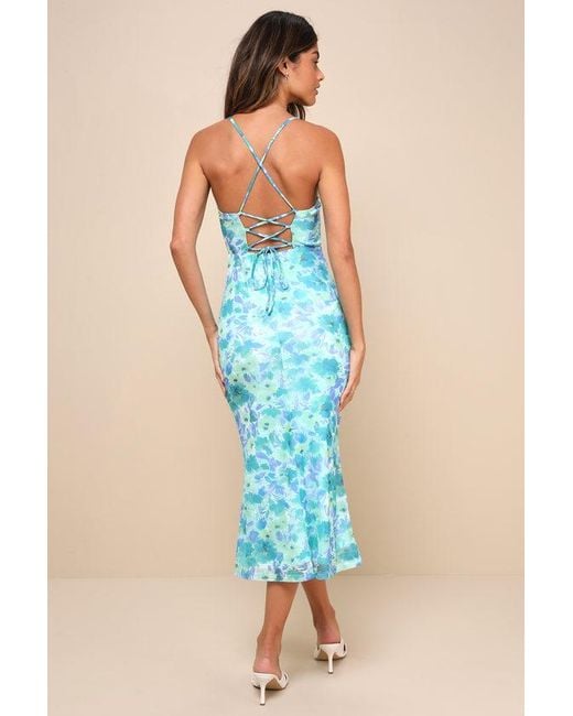 Lulus Blue Total Crush Floral Print Mesh Lace-Up Midi Dress