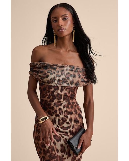 Lulus Natural Dunia Leopard Print Mesh Off-The-Shoulder Maxi Dress