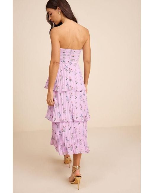 Lulus Pink Hadelyn Floral Pleated Tiered Midi Dress