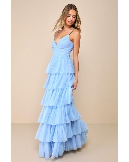 Lulus Blue Rule The Runway Light Tulle Surplice Tiered Maxi Dress