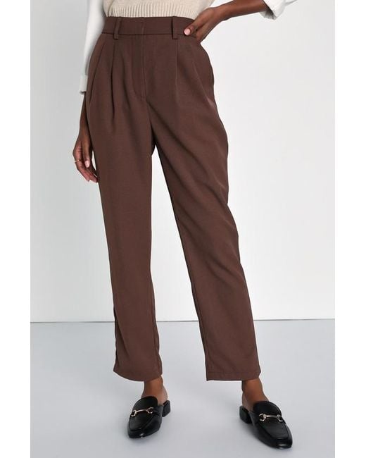 Lulus Brown Posh Promotion Twill High Rise Tapered Trouser Pants