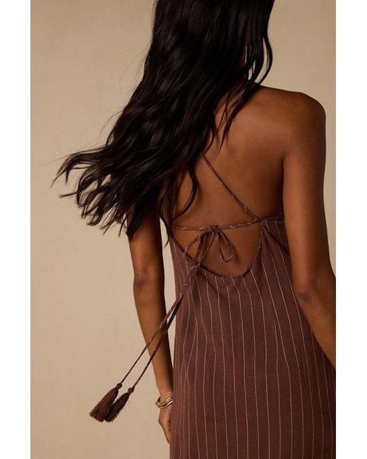 Lulus Brown Lilly Pinstriped Tie-Back Midi Dress