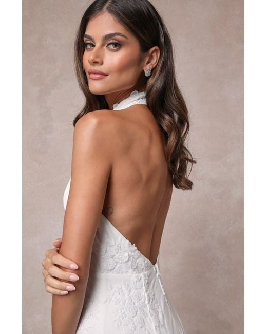 Lulus White Dreamy Glamour Embroidered Halter Mermaid Maxi Dress