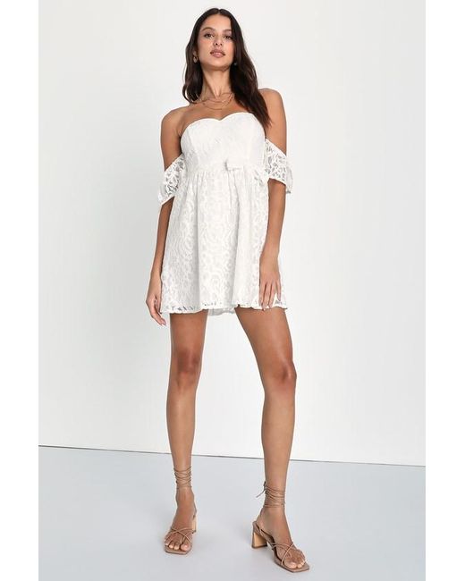 Lulus White Inspired Cutie Lace Off-The-Shoulder Mini Dress