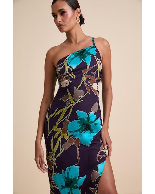 Lulus Blue Elzina Plum Floral Satin Asymmetrical Midi Dress