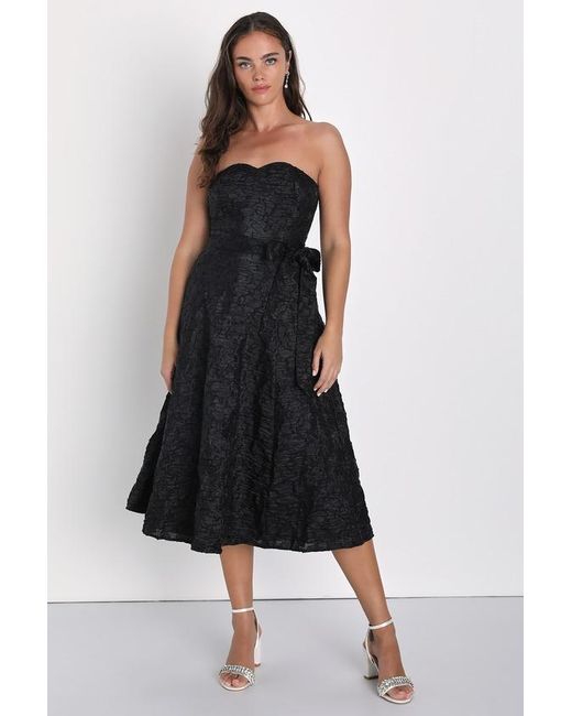 Lulus Black Toast To Tonight Textured Burnout Strapless Midi Dress