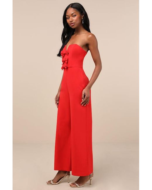Lulus Red Opulent Outlook Bow Strapless Wide-Leg Jumpsuit