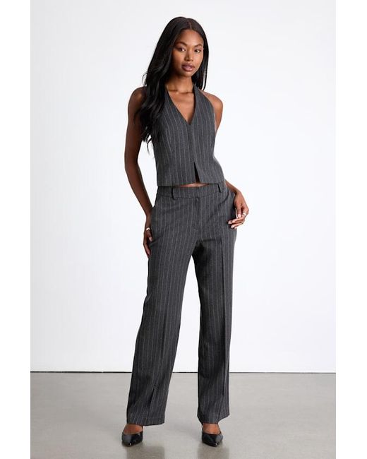 Lulus Gray Thalina Pinstriped Rhinestone Halter Vest Top
