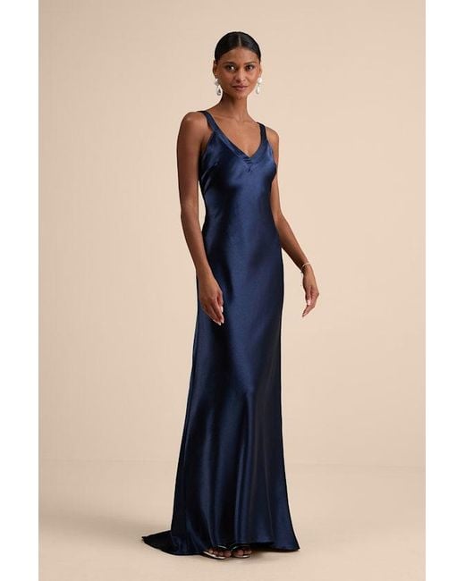 Lulus Blue Perfectly Classy Satin Strappy Maxi Dress