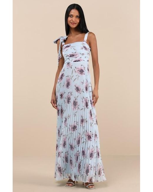 Lulus Blue Gorgeous Purpose Floral Pleated Sleeveless Bow Maxi Dress