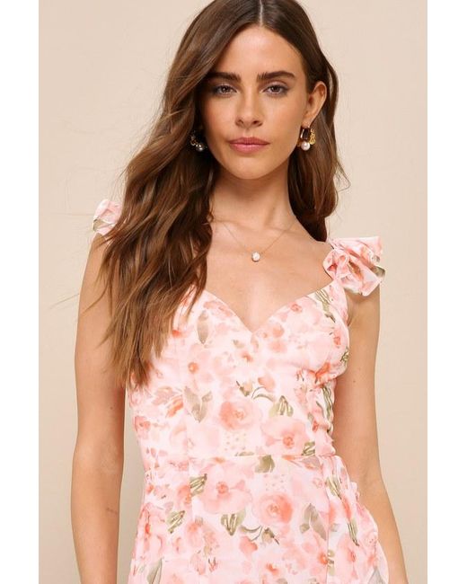 Lulus Pink Darling Glow Floral Ruffled High-Low Maxi Dress
