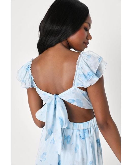 Lulus Blue Loveliest Darling Floral Ruffled Tie-Back Midi Dress