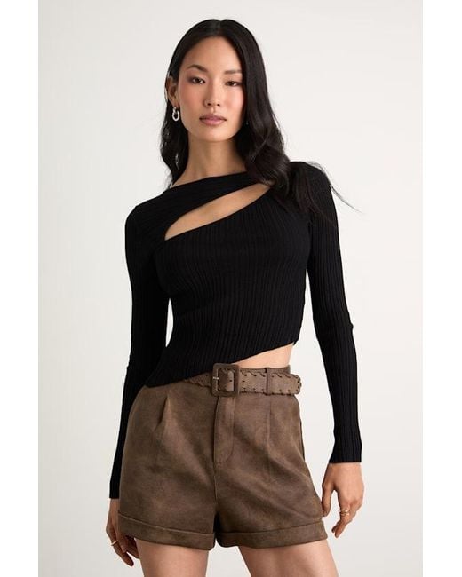 Lulus Black Yanis Ribbed Asymmetrical Cutout Long Sleeve Top
