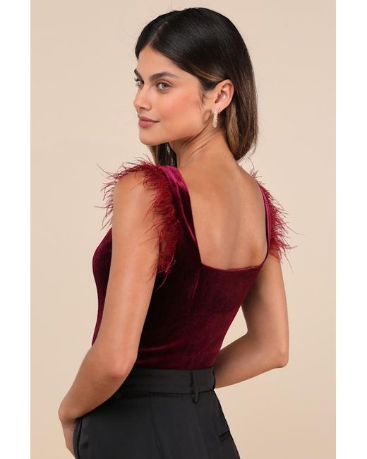 Lulus Black Fabulous Vibe Plum Velvet Feather Sleeveless Bodysuit
