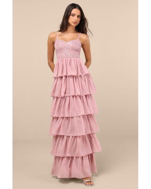 Lulus Pink Galina Sequin Tiered Maxi Dress