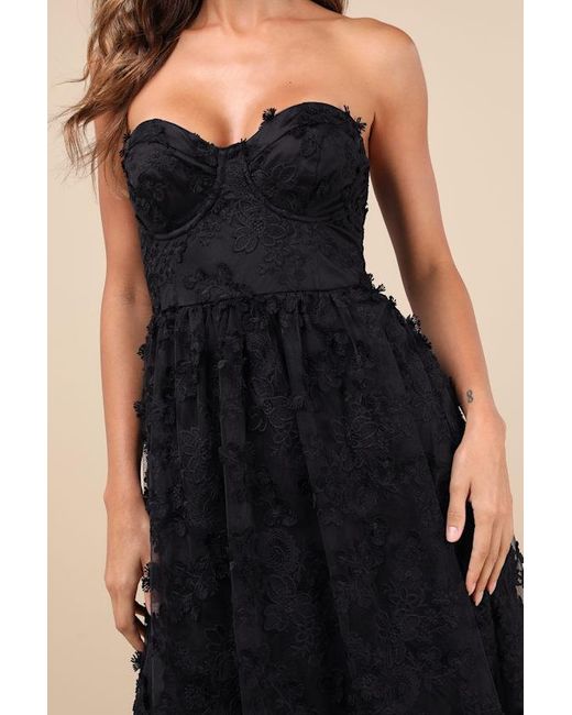 Lulus Black Quite Perfect Floral Embroidered Strapless Midi Dress