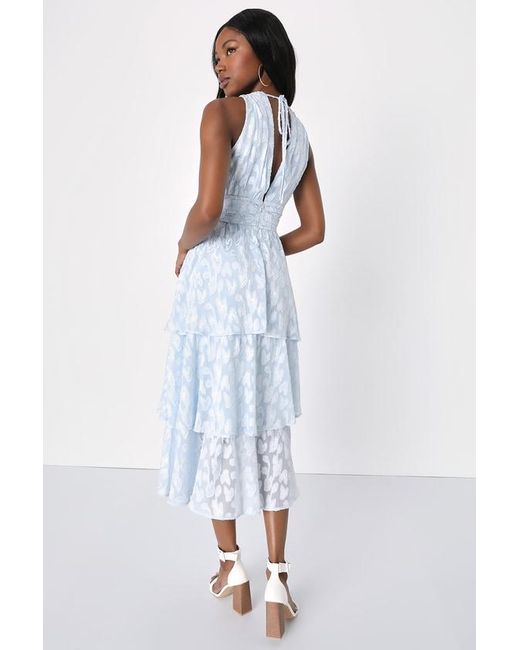 Lulus Blue Make It Mesmerizing Light Jacquard Tiered Midi Dress