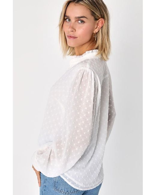 Lulus White Delightful Charm Swiss Dot Button-Up Long Sleeve Top