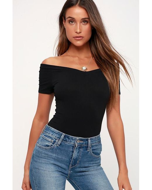 Lulus Black Sandpiper Ribbed Off-The-Shoulder Bodysuit