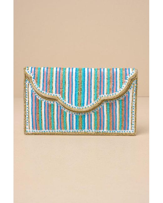 Lulus Blue Divine Stunner Multi Striped Beaded Sequin Clutch