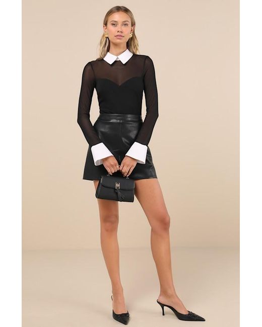Lulus Black Confident Essence Mesh Long Sleeve Bodysuit