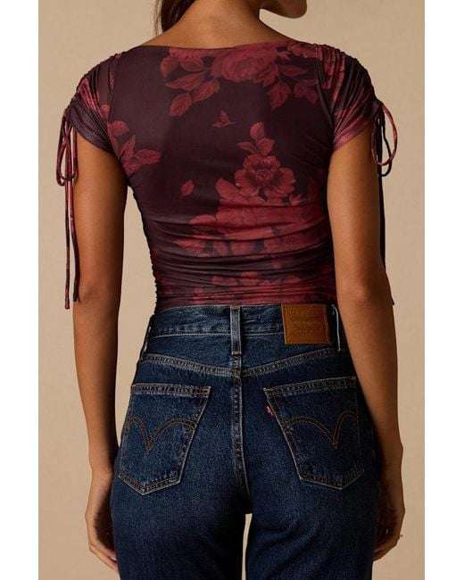 Lulus Blue Zaharina Plum Floral Mesh Ruched Short Sleeve Bodysuit