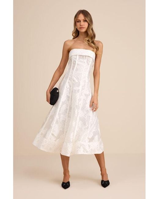 Lulus Natural Abilene Floral Jacquard Rhinestone Strapless Midi Dress