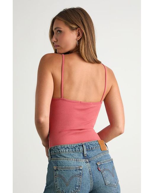 Lulus Basics Red Talula Rusty Rose Ribbed V-Neck Cami Bodysuit