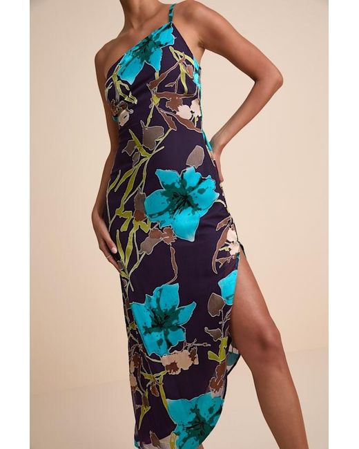 Lulus Blue Elzina Plum Floral Satin Asymmetrical Midi Dress