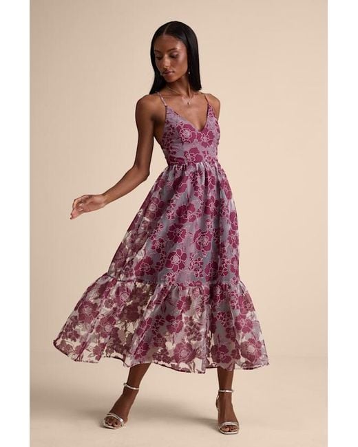 Lulus Pink Feeling Like Forever Plum Jacquard Organza Lace-Up Midi Dress