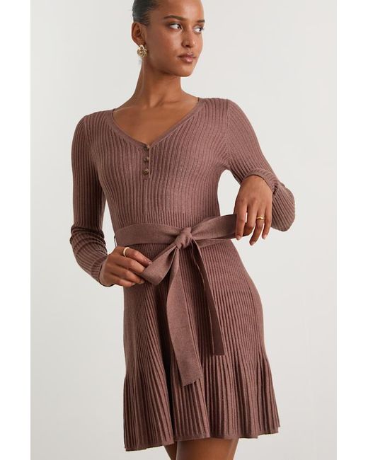 Lulus Brown Cozy Poise Heather Henley Long Sleeve Mini Sweater Dress