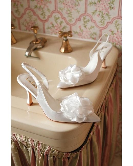 Lulus White Courtney Satin Floral Applique Slingback Pumps
