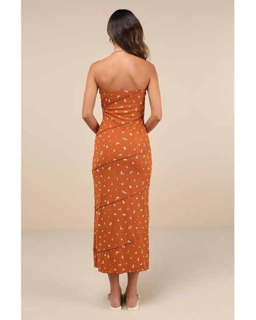 Lulus Orange Summery Spirit Rust Floral Ribbed Strapless Midi Dress