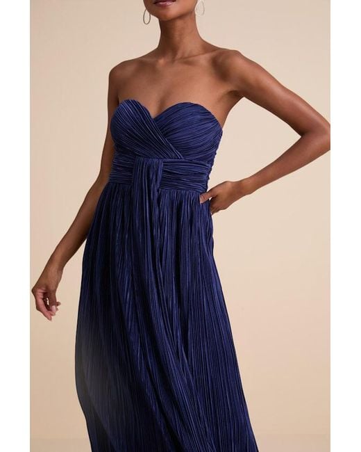 Lulus Blue Oswin Satin Plisse Strapless Maxi Dress