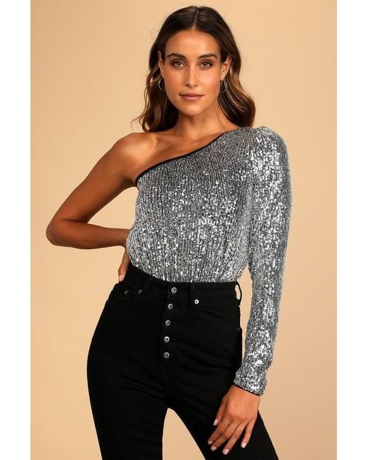 Lulus Black Dancing Diva And Sequin One-Shoulder Bodysuit