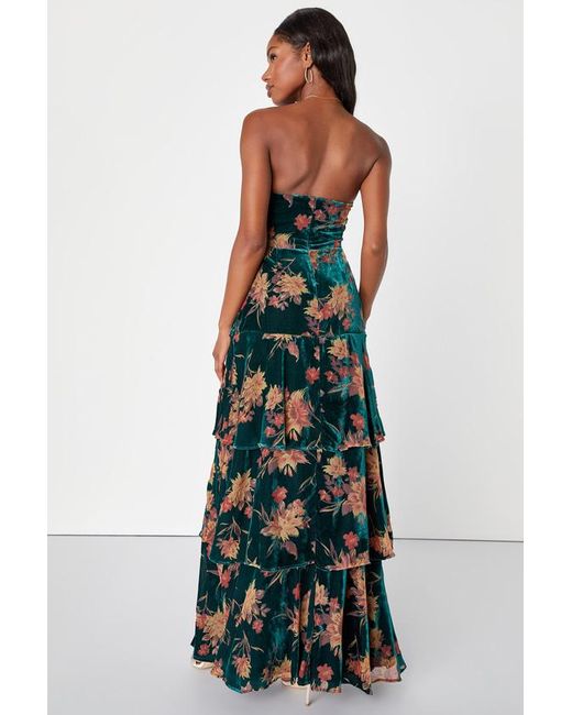 Lulus Blue Real Allure Emerald Floral Burnout Velvet Strapless Maxi Dress