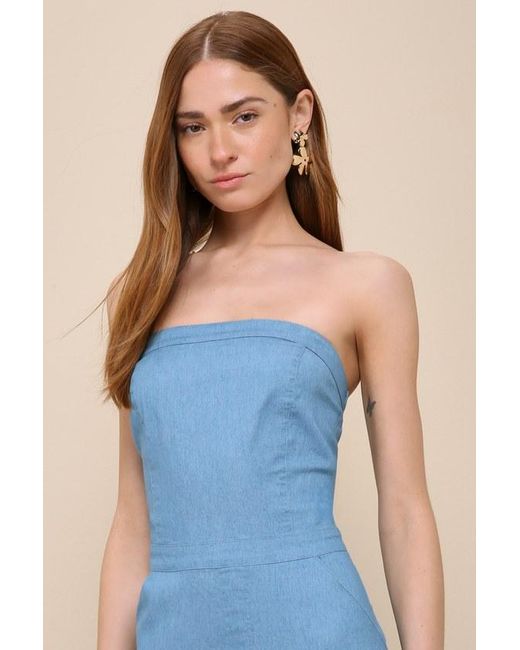 Lulus Blue Lovely Sunshine Medium Wash Strapless Straight Leg Jumpsuit