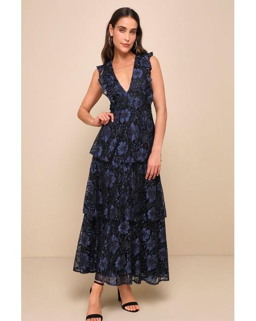 Lulus Molinetto Lace Ruffled Tiered Sleeveless Maxi Dress in Blue | Lyst UK
