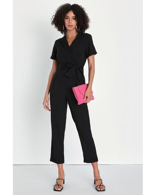 Lulus Black Sensible Sensation Tie-Front Short Sleeve Jumpsuit