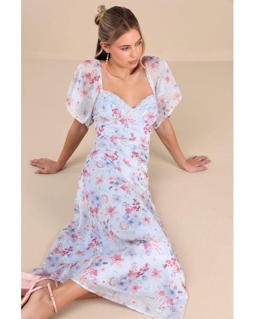 Lulus Blue Valla Floral Flutter Sleeve Midi Dress