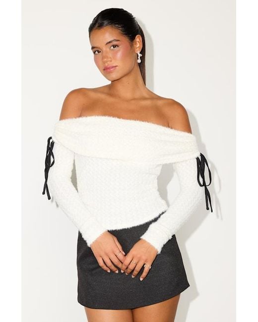 Lulus White Bellaria Textured Off-The-Shoulder Bow Sweater Top