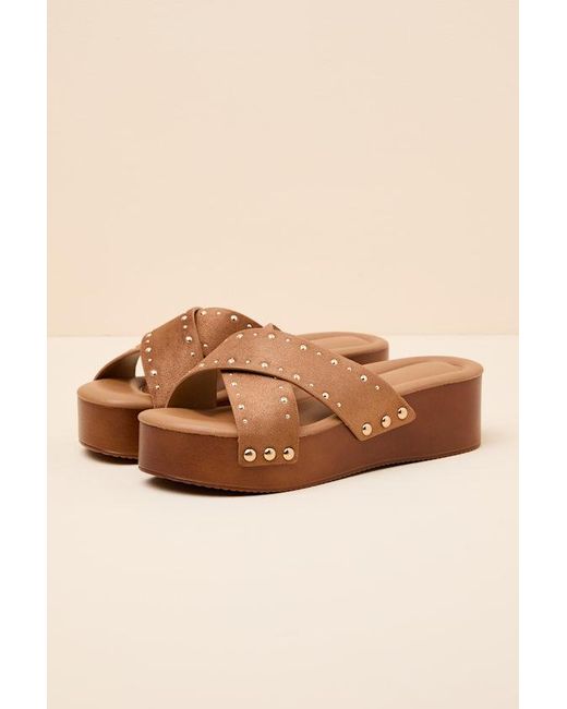 Lulus Brown Loma Studded Platform Slide Sandals