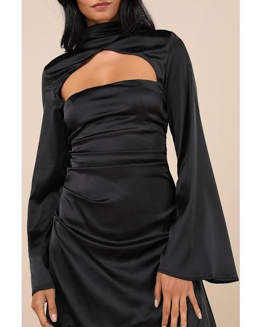 Lulus Black Sultry Elevation Satin Long Sleeve Cutout Mini Dress