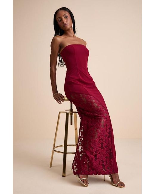Lulus Red Irresistible Attitude Strapless Lace Column Maxi Dress