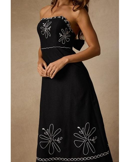 Lulus Black Leticia Linen Embroidered Tie-Back Midi Dress