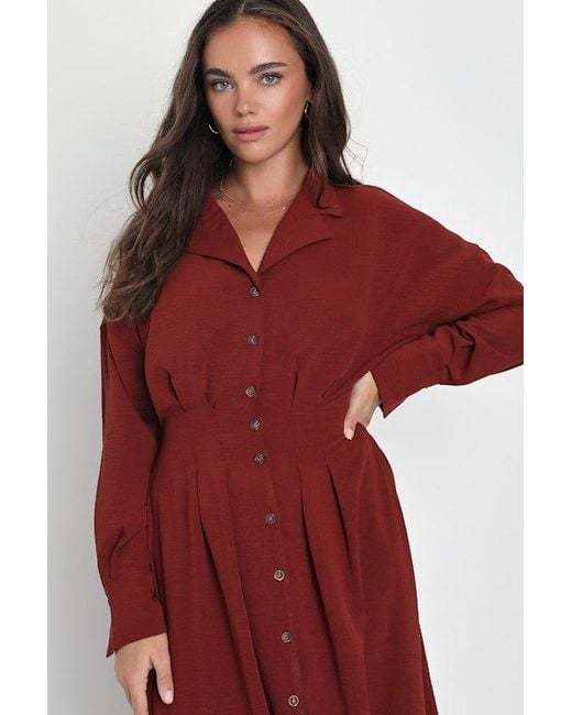 Lulus Timeless Class Rust Collared Button-Up Pleated Midi Dress